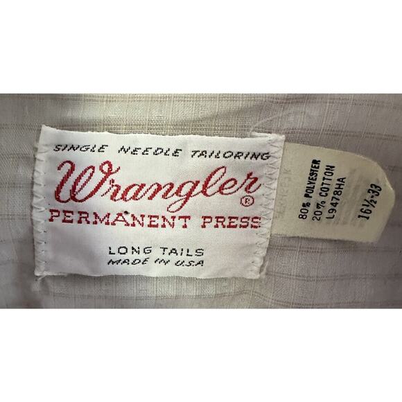 Vintage Wrangler Mens Permanent Press Long Tails LS Pearl Snap Beige Sz 16.5/33 - Picture 2 of 11